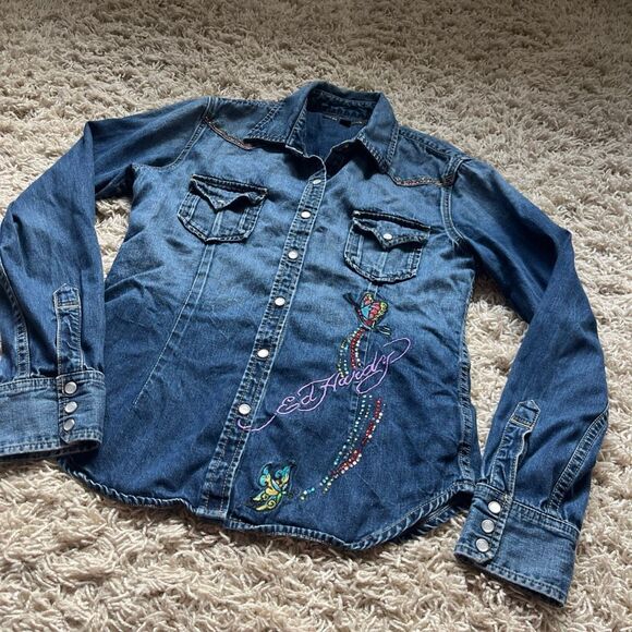 Ed Hardy Shirt Mens L Denim Western Pearl Snap Rhinestone by Christian Audigier - Picture 6 of 15